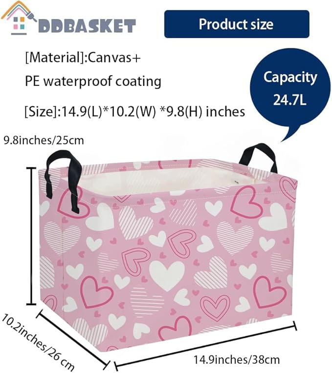 Rectangular Valentine's Day Baskets,Heart Basket,Pink Girls Basket Kids Storage Bin Love Room Decor for Home.(Pink Striped Heart)