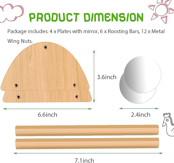 Mini Chick Perch with Mirror, Strong Bamboo Roosting Bar for coop and brooder, Training Perch for Baby Chicks, El Pollitos, La Pollita, Easy to Assemble and Clean, Fun Toys for Chick, 2 Pack