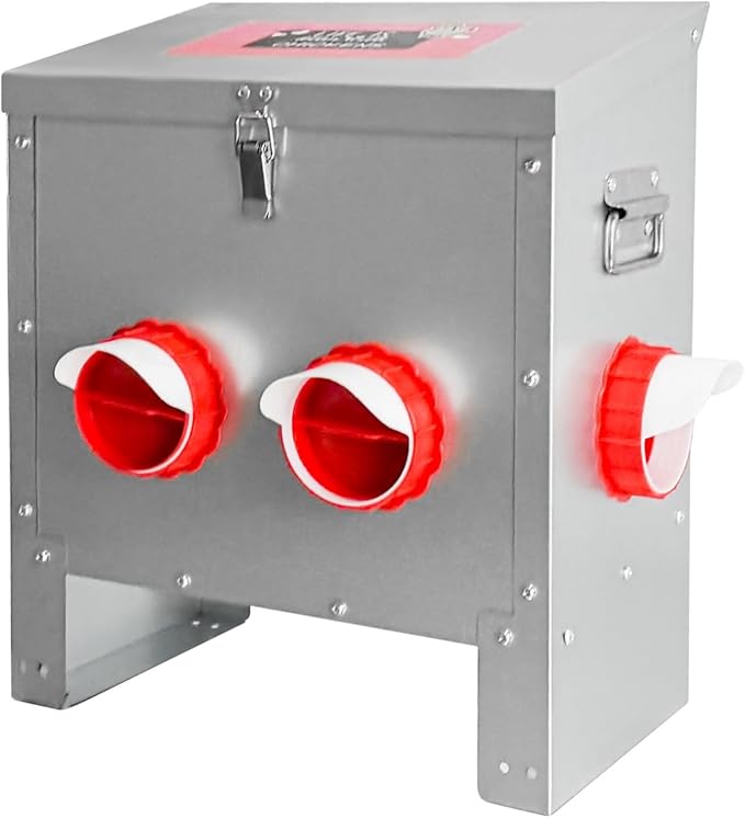 25LB Automatic Chicken Feeder with 4 Ports No Waste Galvanized Metal Poultry Feeder Outdoor Chicken Feeder Box with Handle and Locking Lid for Chickens Ducks Geese Silver