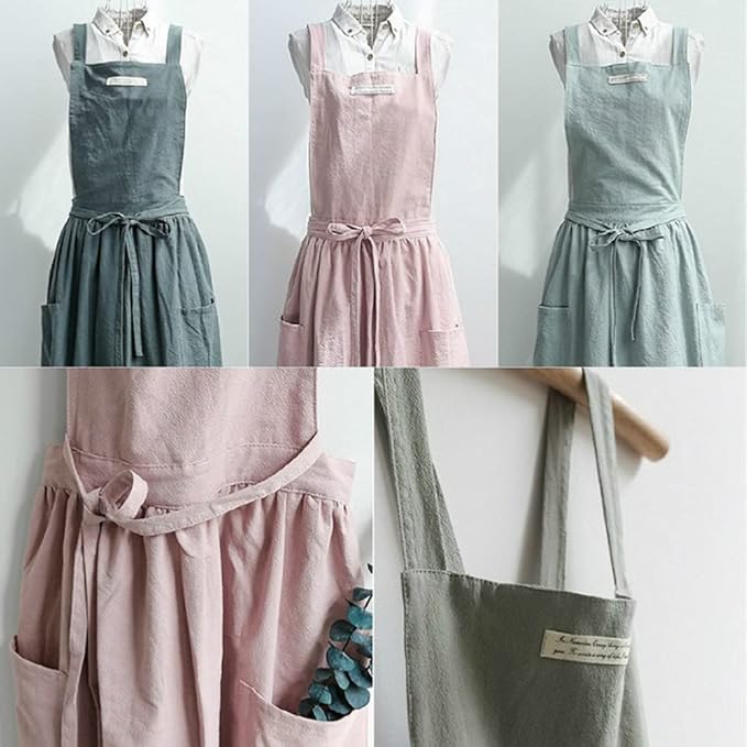 Cotton and linen Kitchen Cooking Aprons Dress for Women with Pockets Cute for Baking Painting Gardening Cleaning