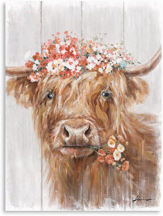 Highland Cow Canvas Farmhouse Decor: Funny Cow Wall Art with Flowers Staring at You Rustic Farm Wood Planks Unique Cattle Posters for Bathroom Framed Size 12"x15"