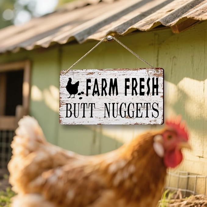 Funny Chicken Coop Signs Farm Decor - Farmhouse Kitchen Wall Decor, Rustic Outdoor Chicken Coop Decorations - Farm Fresh Butt Nuggets Sign, Wooden Home Decor Chicken Mom Gifts (6x12 Inch)