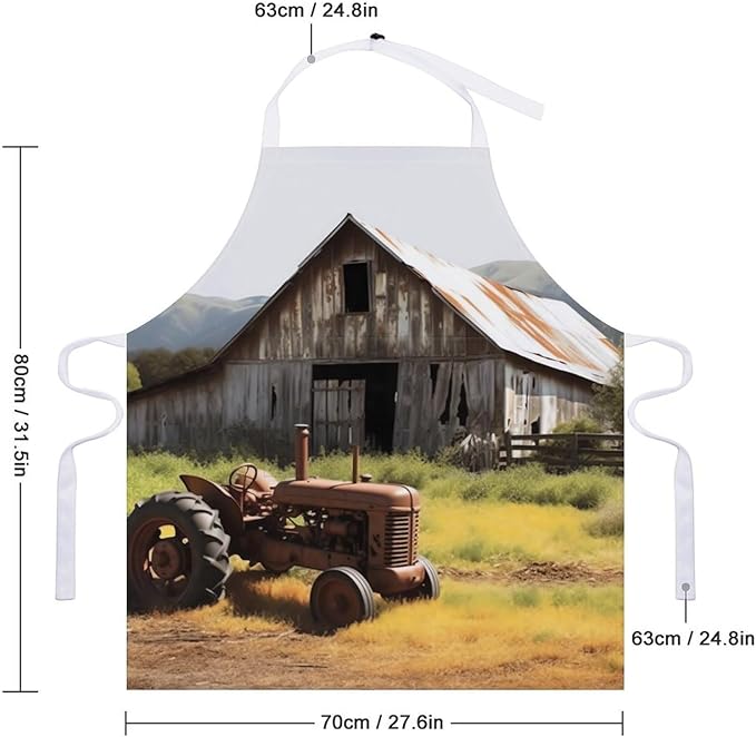 Old Wooden Barn Tractor Apron For Men Women,Waterproof Adjustable Kitchen Aprons With Big Pocket, Work Aprons For Cooking Gardening Server Waitress Maid