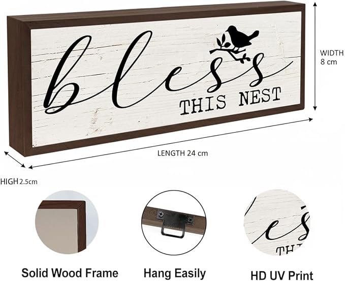 Farmhouse Home Decor, Bless This Nest Sign, Rustic Framed Wooden Block, Wall Decors Art, Front Door Porch Hallway Decors, Housewarming Gift for Christian 9.5x3.1x1 inches