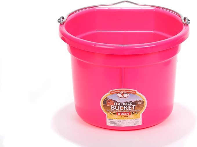 Little Giant® Flat Back Plastic Animal Feed Bucket | Animal Water and Feed Bucket with Metal Handle | 8 Quarts | Hot Pink