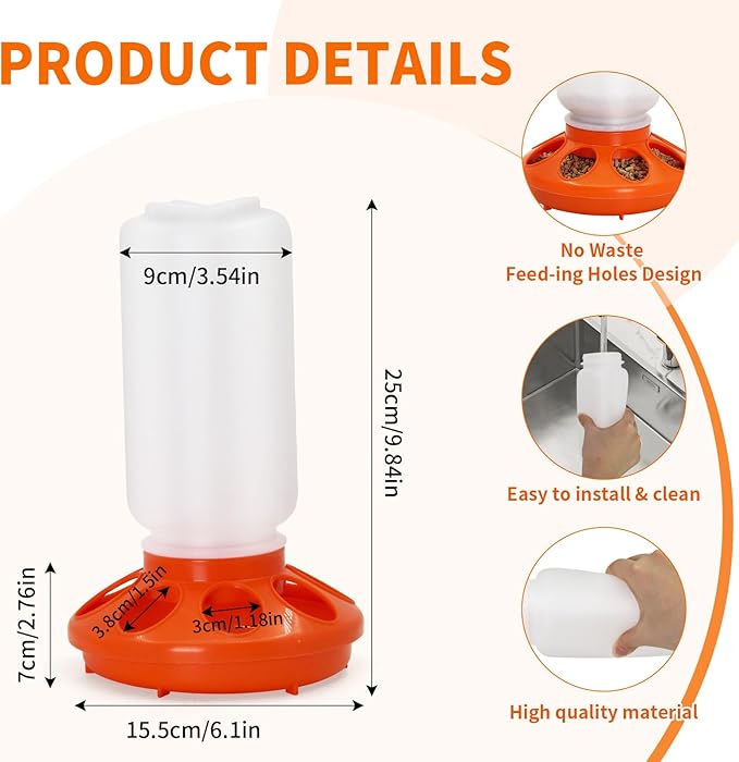 Chicken Feeder and Waterer Kit, 1L Feeder and 1.5L Waterer with 3 Heights Adjustable Legs,Poultry Feeder and Hanging Drinker No Spill/Waste for Chicken Coop, Ducks, Birds