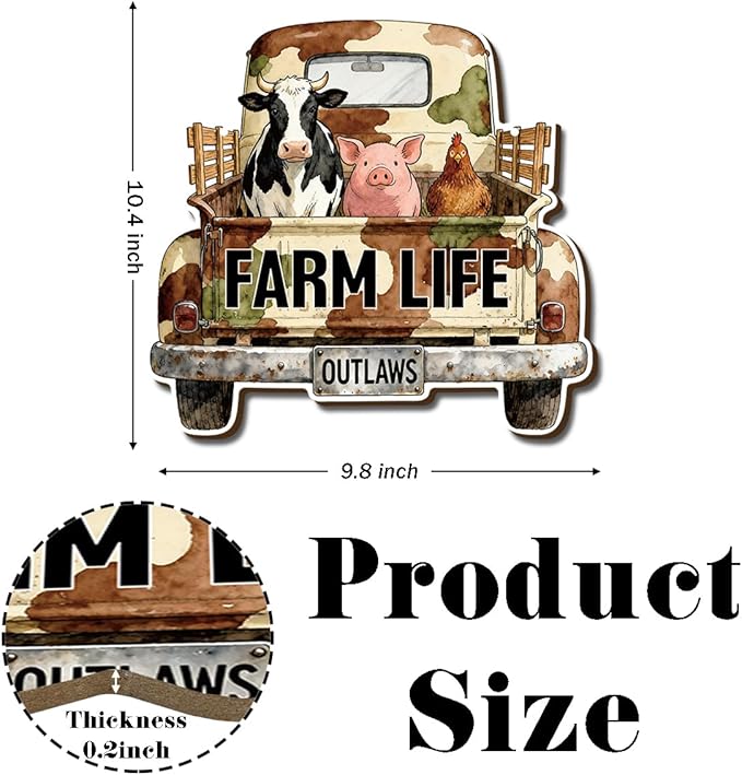 Farmhouse Wall Decor, Farm Life Truck Sign with Cow Pig Chicken, Rustic Wood Hanging Plaque, Watercolor Farm Animal Wall Art Painting Style, Country Home Door or Wall Sign, 10.4x9.8 Inches