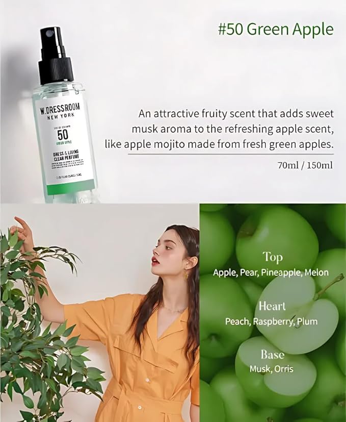 W.Dressroom No.50 Green Apple Living Clear Perfume, Body Mist & Fabric Spray Deodorizer, Alcohol-Free Water-Based, Odor Neutralizer for Clothes, Bedding & Room, Travel Size 2.36 oz