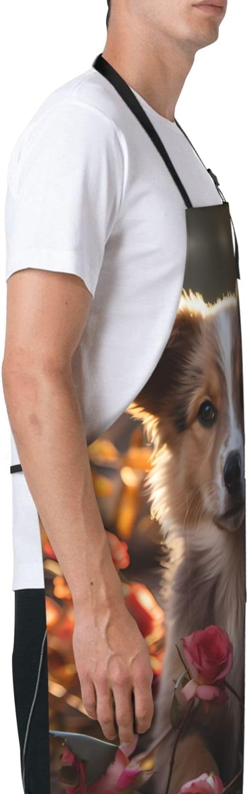 Dogs and Roses Heavy Duty Waterproof Apron with Pockets for AdultsResistant Grilling, Gardening, Painting
