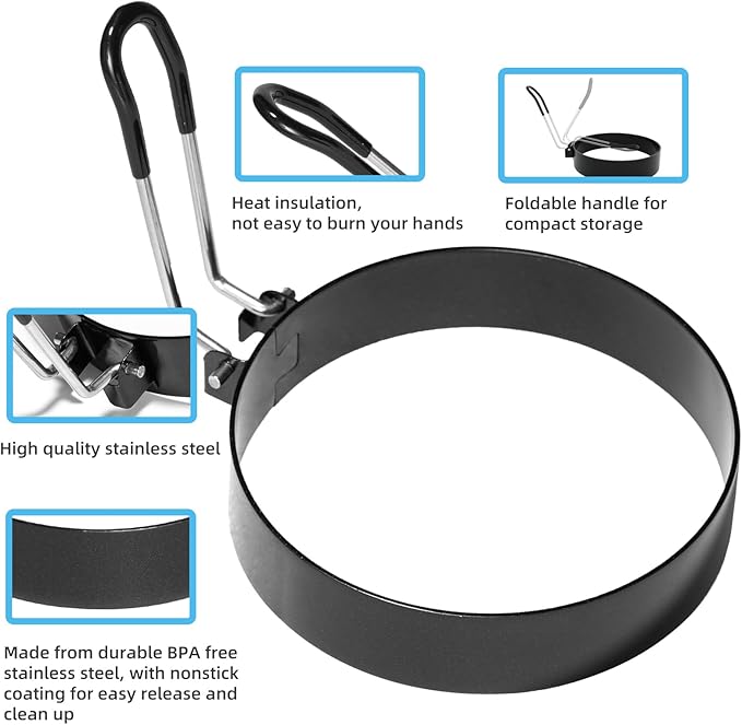 Stainless Steel Egg Rings for Frying Eggs（4 Pack） - 3.5" Round Non Stick Griddle Rings with Oil Brush, Egg Sandwich/Pancake/Cooking Molds, Breakfast Maker Accessories & Egg Separator