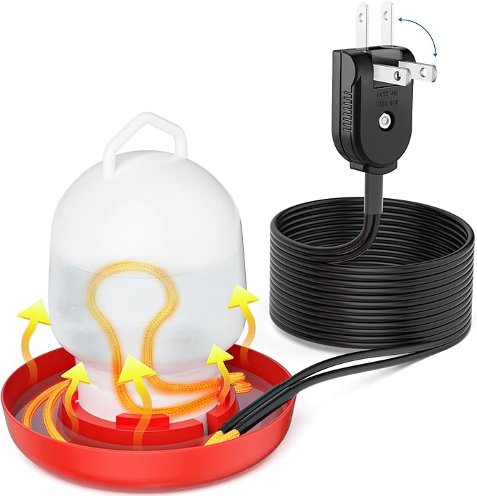 Chickens Water Heater Cord, 1-6 Gallons Heated Chicken Waterer for Winter, 9ft Freeze Proof Poultry Water Heater Cord, Prevents Water Freezing in Drinkers for Small Animals Rabbits, Ducks, Guinea Pigs
