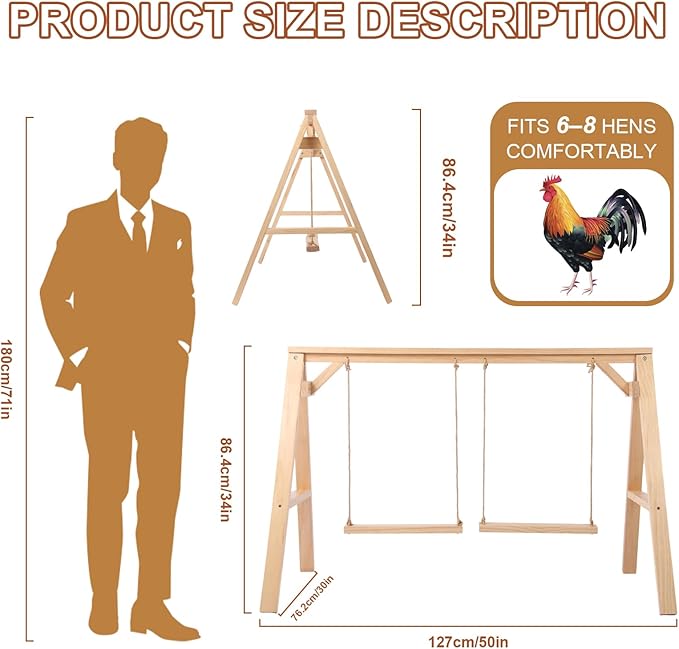 Pine Wood Chicken Roosting Bars with 2 Swings – Weather‑Resistant Poultry Perch for 6–8 Chickens – Backyard Coop Accessories & Comfortable Outdoor Play Station