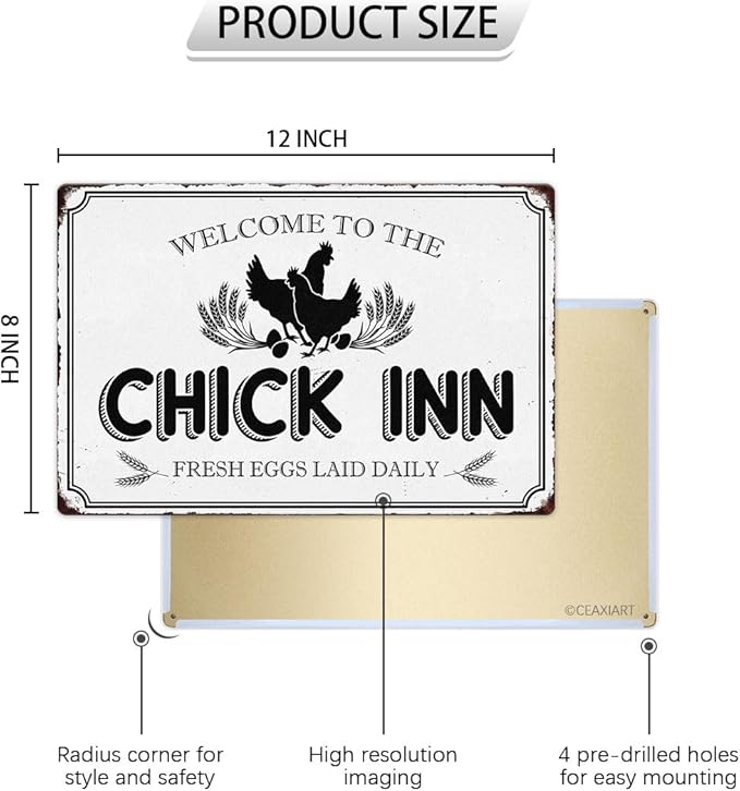Welcome To The Chick Inn Tin Sign Chicken Coop Metal Signs Funny Hanging Plaque For Hen House Outdoor Rustic Decoration Vintage Accessories Garden Yard Fence Home Decor 12x8 Inch