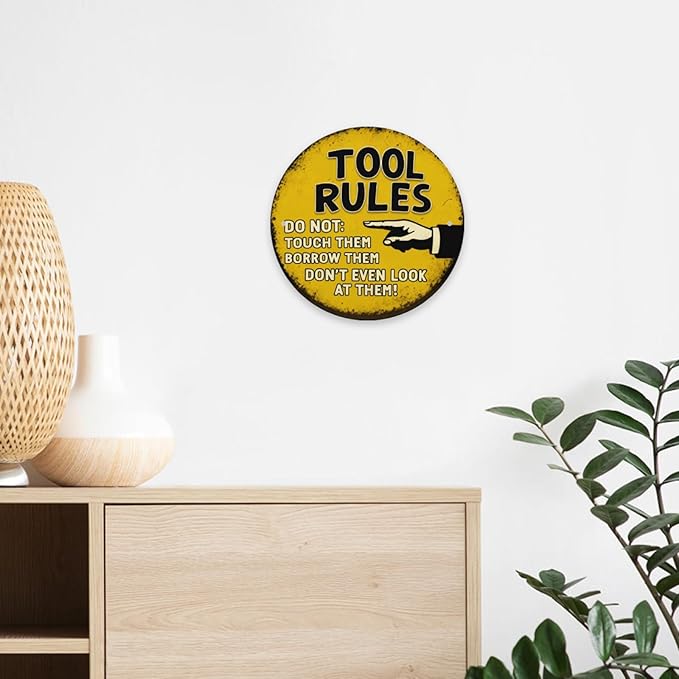 Vintage Metal Signage, 8 x 8 inches, Funny Tool Rules Round Metal Sign Don't Garage Decor for Man Cave Room Wall Decorative Home Tin Sign