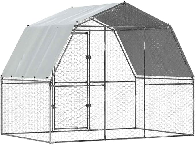 Large Silver Galvanized Steel Outdoor Animal Pen 76.8"x112.2"x90.6" Chicken Coop Rabbit Run UV-Resistant Roof Lockable Door for Backyard Farm Garden
