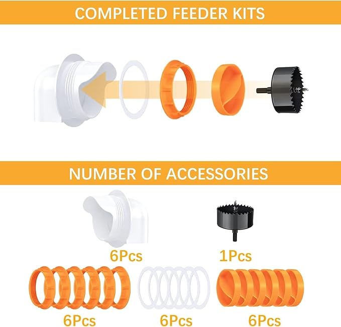 Chicken Feeder Port, 8 Pack Chicken Feeders No Waste with 8 Lids 1 Drill Bit, DIY Automatic Poultry Feeder Cups Kit, Chicken Bucket Feeder for Barrels (Orange)