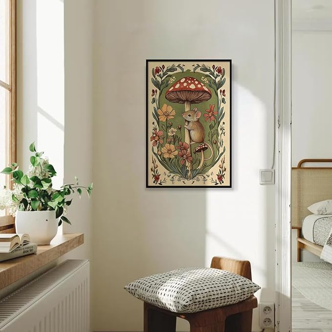 Nursery Animal Canvas Wall Art, Mouse and Toadstool Poster, Rustic Mushroom Mouse Painting, Cozy Folk Art Prints, Countryside Botanical Floral Painting for Kids Room 8x12in Unframed