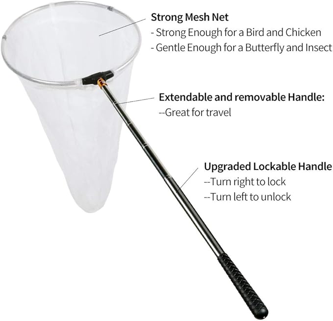 RESTCLOUD Insect and Butterfly Net with 12" Ring, 24" Net Depth, Handle Extends to 59 Inches for Adults and Kids (12" Ring, 59" Handle)