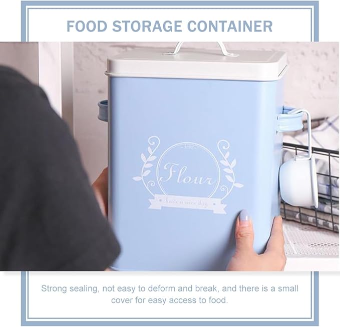 Iron Rice Storage Box Blue Grain Container Kitchen Food Storage Organizer Sturdy Galvanized Metal Bread Bin for Household Pantry