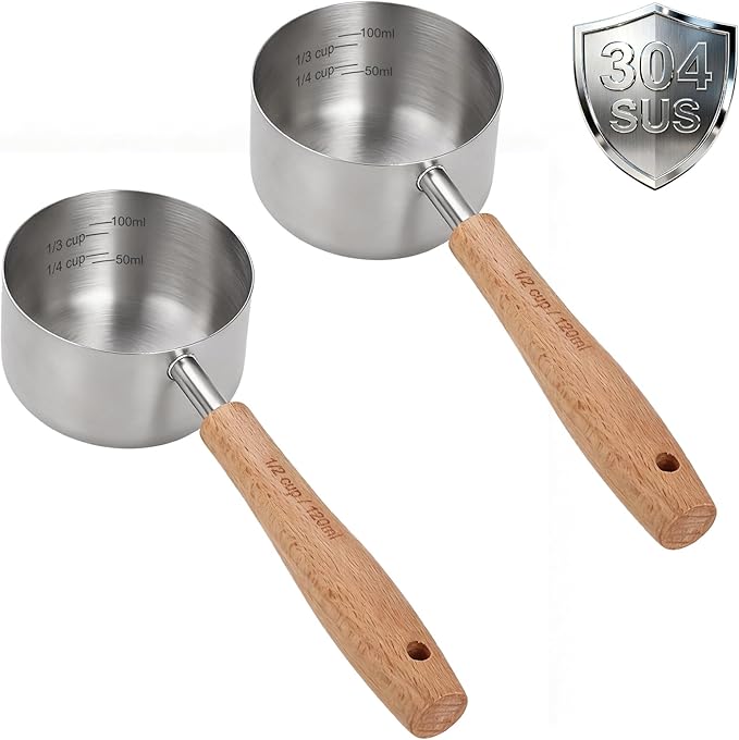 2PCS 1/2Cup(120ml | 4oz) Dog Cat Food Scoop, 18/8(304) Stainless Steel Measuring Cup with Wooden Handle, Etched Measurements Inside, BPA Free Portion Control for Pets & Kitchen Use
