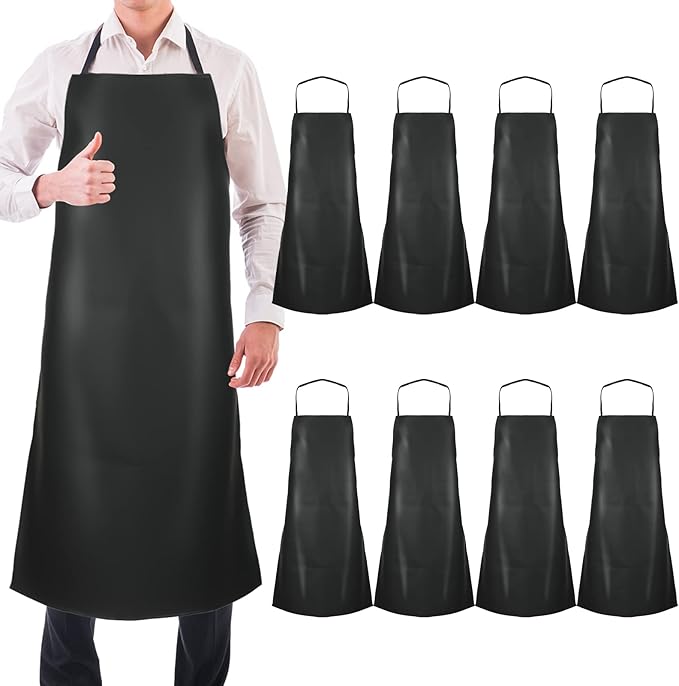 Hercicy 8 Pcs Heavy Duty Waterproof Work Apron for Dishwashing 40 Inch PU Leather Dishwasher Apron for Restaurant Men Cleaning Lightweight Industrial Butcher Chef, Black