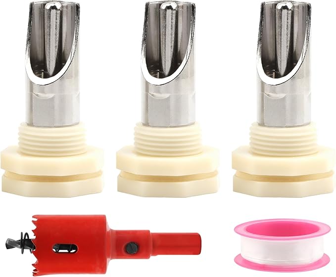 Pig Nipple Waterer for Barrel Kits, 3pcs Stainless Steel Automatic Pig Drinker Feeder Water Tank Connector with 1 Hole Opener & PTFE Tapes, Watering Systems Kit for Pig/Goats/Swine/Piglets/Drinking