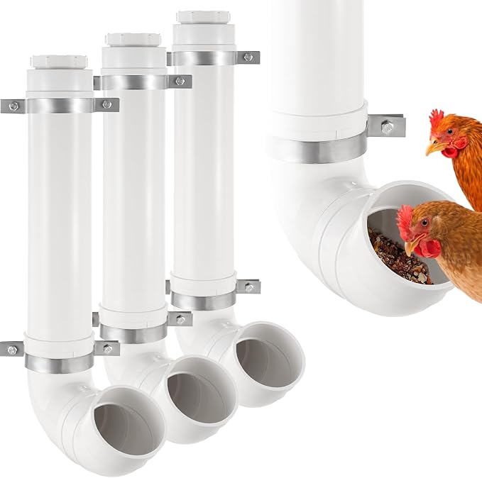 3 Pack Automatic Chicken Feeder No Waste, PVC Pipe Chicken Coop Feeder, Rat Proof Chicken Feeders, with Lid Hanging for Chicken Poultry Feeder