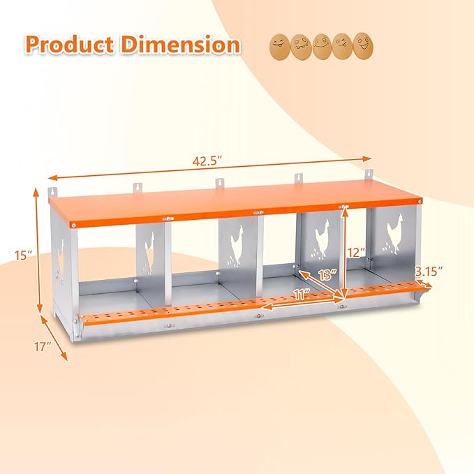 Chicken Nesting Box for Laying Eggs - 4 Room Chicken Laying Boxes, Nesting Boxes for Chickens, Heavy Duty Metal Chicken Coop (42.5" L x 17" W x 15" H)