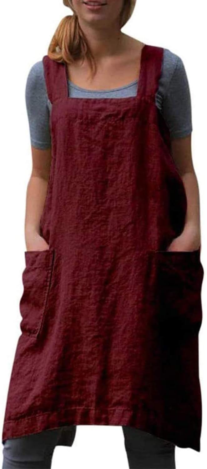 Cotton Linen Apron Cross Back Apron for Women with Pockets Pinafore Dress for Baking Cooking