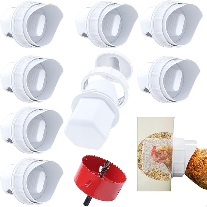 Chicken Feeder No Waste DIY Automatic Poultry Feeders 8 Ports with Covers Gravity Feed Kit for Buckets, Barrels, Bins, Troughs