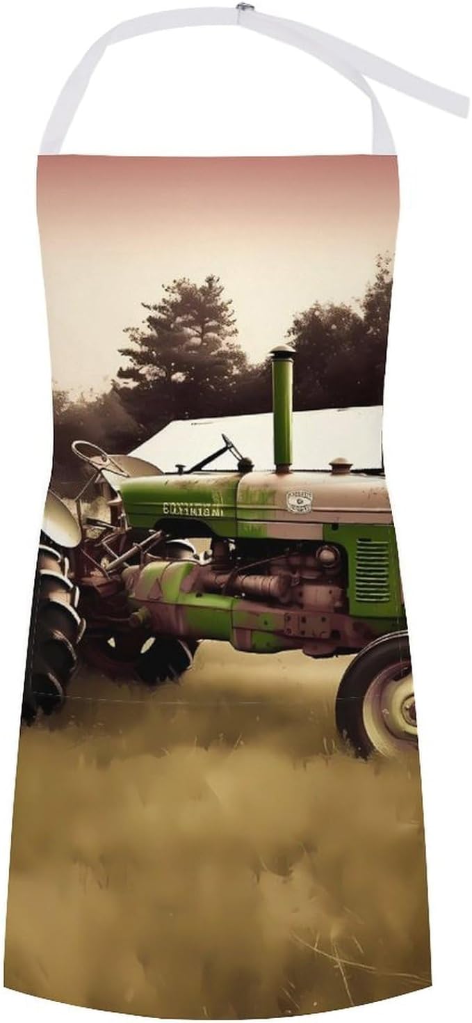 Old Tractor Photo Farm Chef Apron for Men Women with 2 Pockets Water & Oil Resistant Bib Aprons Adjustable Neck Strap & Long Ties Work Apron for Cooking Grilling Serving Crafts Gardening