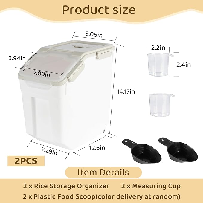 PENCK Rice Storage Container 25 lbs Large Household Flour Sugar Containers Airtight Grain Cereal Dispenser with Wheels, Locking Lid & Measuring Cup for Kitchen Pantry Organization, 2 Pack(Grey)