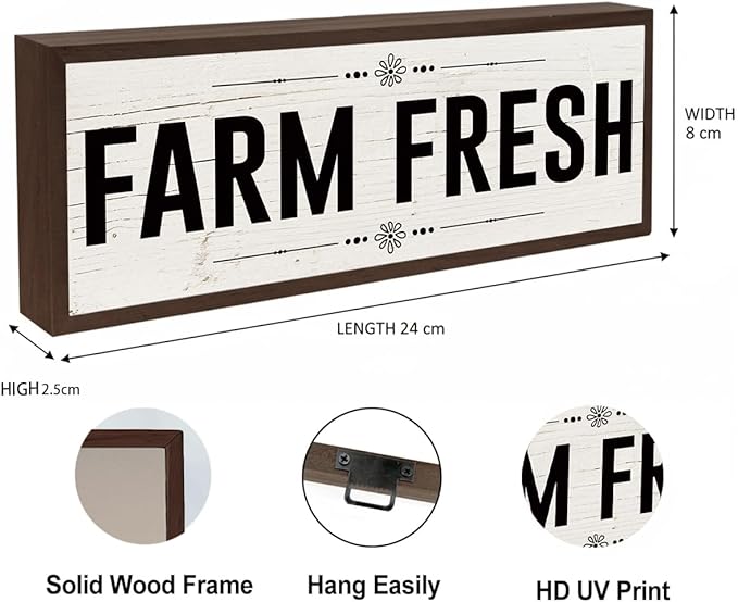Farm Decor, Farm Fresh Sign, Rustic Farmhouse Wall Decors Art for Home, Living Room, Kitchen, Shelf Decoration, Framed Hanging Wood Sign 9.5x3.1x1 inches