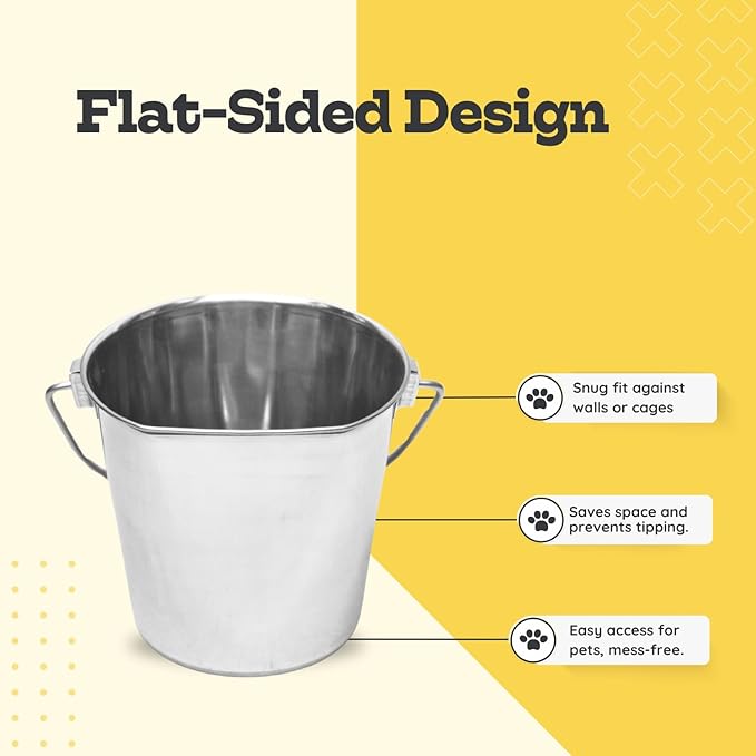 Flat Sided Stainless Steel Bucket, 1 Quart (0.25 Gallon) Hanging Feeding Pail for Small Dogs Cats Birds, Fits Kennels Cages Compatible, Heavy Duty Food & Water Feed, Silver Buckets 4 Pack