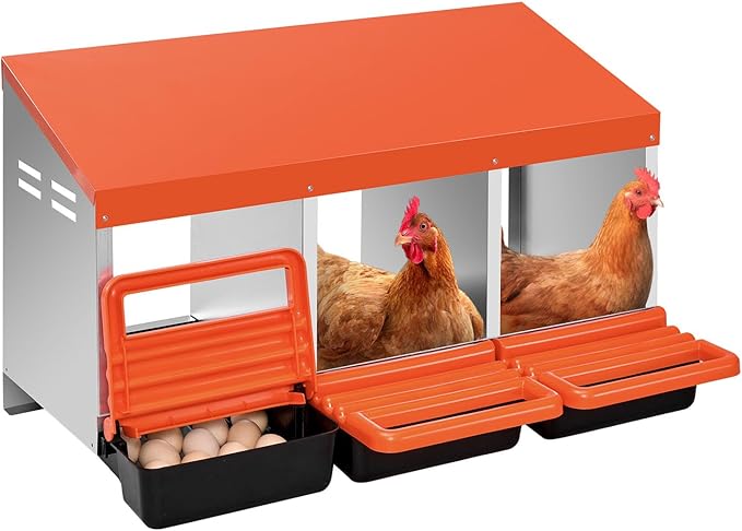 VEVOR Chicken Nesting Boxes, 3 Compartments, Metal Egg Laying Boxes with Protective Collection Lids, Roll Out Nesting Box, Easy to Assemble, Ideal for Hens, Ducks, Chickens, and Other Poultry, Orange