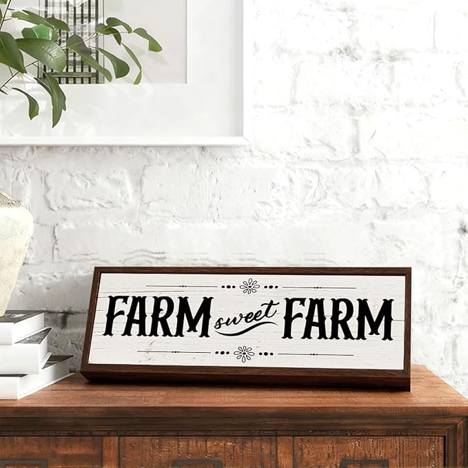 Farmhouse Decor, Farm Sweet Farm Sign, Wall Tabletop Decor, Wood Framed Sign for Home Decors, Cottage Decors, Sweet Home Decoration 9.5x3.1x1 inches