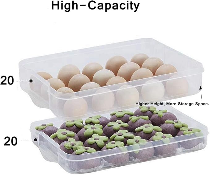 Deviled Egg Tray with Lid, 2-Layer, Stackable Egg Carrier Holder for Refrigerator, Camping Food Storage Container with Handle, Large, 40 eggs(transparent)