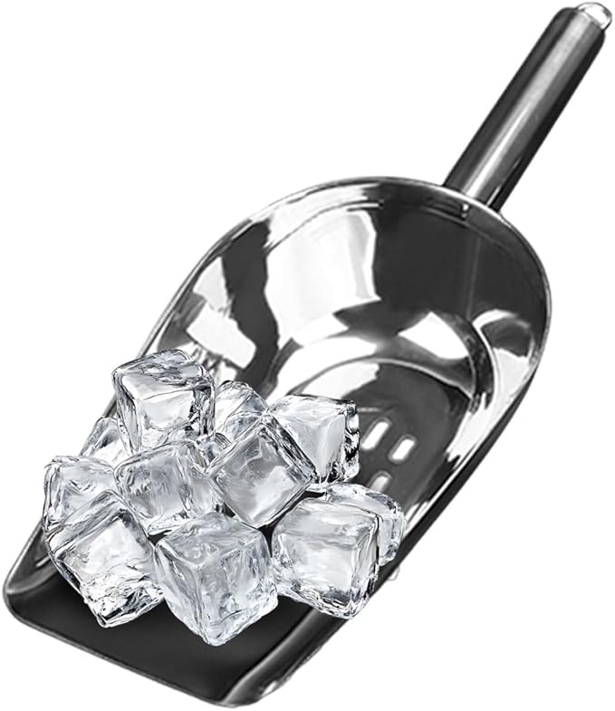 Luxshiny Stainless Steel Ice Scoop with Drain Holes, Metal Bar Scoop with Flat Bottom for Ice Bin and Freezer, Heavy Duty Kitchen Flour Scooper for Grains, Candy and Popcorn