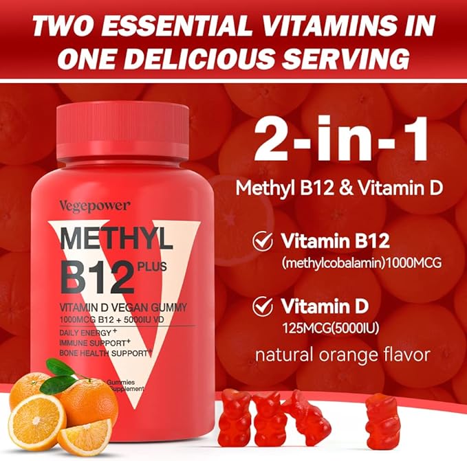 Vitamin B12 D3 Vegan Gummies - 90 Count I 1000 MCG Methyl B12 & 5000 IU Vitamin D Gummy Chewable Supplements for Adults & Kids - Immune Health & Daily Energy Boost - Non-GMO, Orange