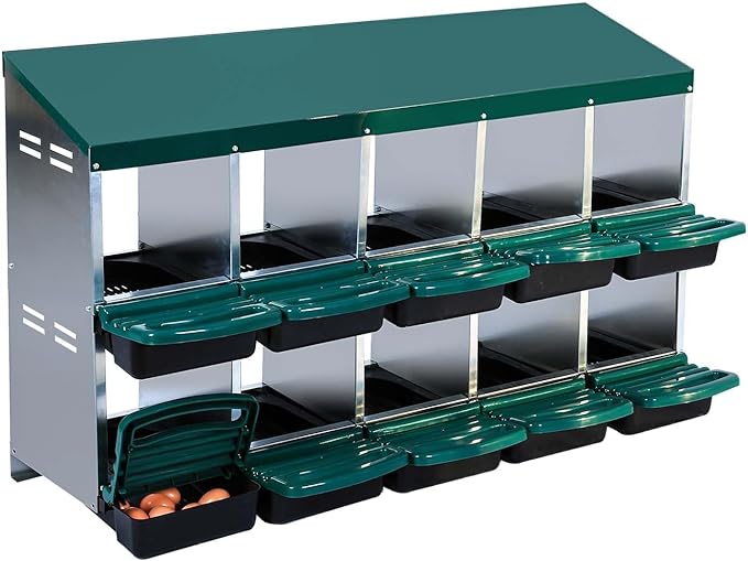 10-Hole Chicken Nesting Box with Removable Lid, Metal Chicken Coop with Roll Away Design/Easy Egg Collection/Ventilation Holes, for Chicken Coops, Duck Coops and Hens