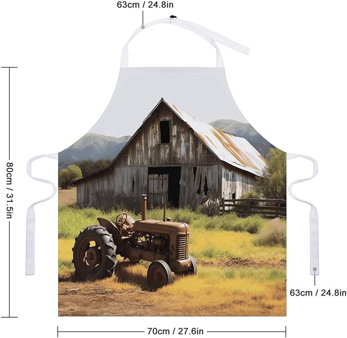 Old Wooden Barn with Rusted Tractor Apron with Pockets Water And Oil Resistant Kitchen Aprons Professional Adjustable Bib Apron for Women Men