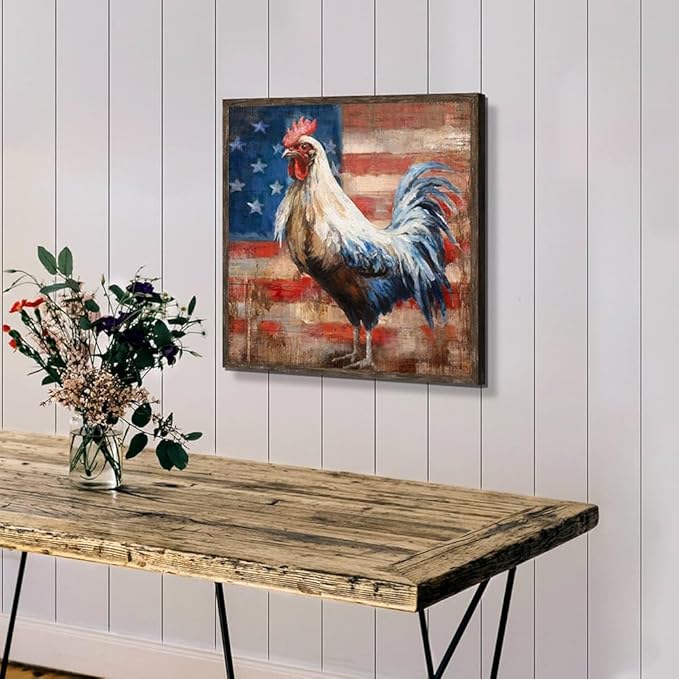 Rooster Wooden Wall Art Decor: Farm Animal Picture Country Cock Flag Framed Artwork Farmhouse Chicken Painting is the Perfect Combination of Energy Nature for the Kitchen Country House 20"x20"