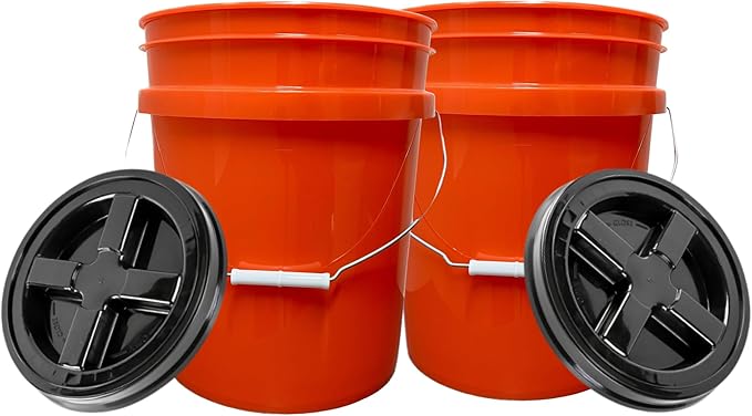 House Naturals 5 Gallon Scarlet Red Plastic Bucket Pail Food Grade BPA Free Made in USA pails with White Air Tight Screw on Lid (Pack of 2) (Scarlet Red with Black Screw On lid)