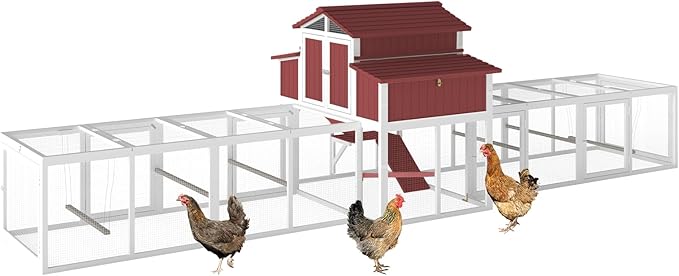 195.48" L 2-Story Chicken Coop with Extra Run Cage,Chicken House Hen House with 2 Large Nesting Boxes,Expandable Poultry Cage for 6-8 Chicken with 8 Perching Bars,Pull-Out Tray,Ramps(RED)