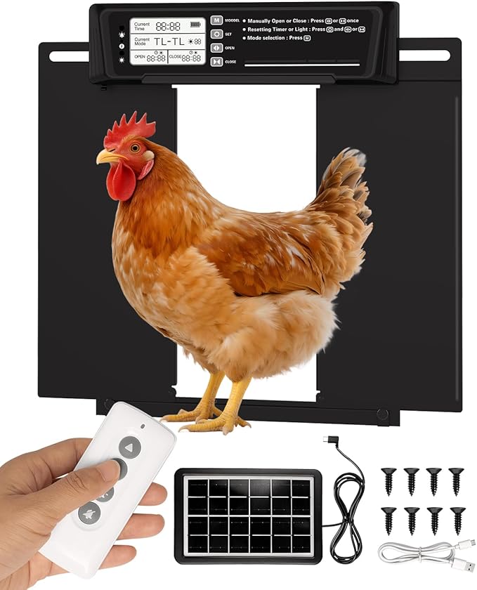 Automatic Chicken Coop Door Solar Powered,Aluminum Alloy Auto Door, Timer & Light Sensor, LCD Display, Remote Control, Anti-Pinch & Weatherproof Design, 4 Working Modes,Dual Horizontal Opening
