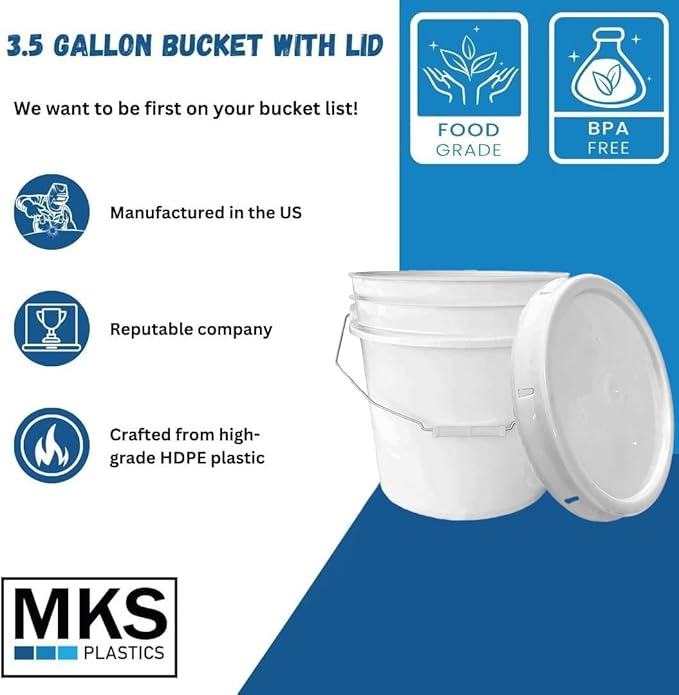 3.5-Gallon Bucket with Airtight Lid – Made in USA, Food Grade BPA Free Plastic, Heavy Duty Multi-Use, Metal Handle with Grip, Stackable Storage – White, 1 Pack