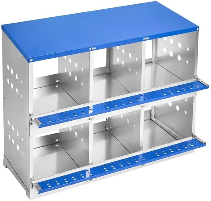 Metal Chicken Nesting Boxes - 6 Hole Wall-Mountable Laying Boxes with Roll-Away Egg Collection, Weatherproof Galvanized Steel, for Chicken Coop, Blue