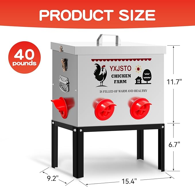 40LB Automatic Chicken Feeder with 6 Ports, Heavy Duty Metal No-Waste Poultry Feeder, Rustproof & Weatherproof Chicken Feeder with Adjustable Legs & Locking Lid