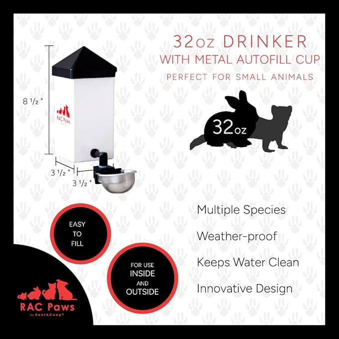 RentACoop No-Drip 32oz Small Animal Drinking Bottle with Auto-Fill Metal Cup for Small Pet/Bunny/Ferret/Hamster/Guinea Pig/Rabbit/Chinchilla/Mouse/Rat. Food Grade Plastic