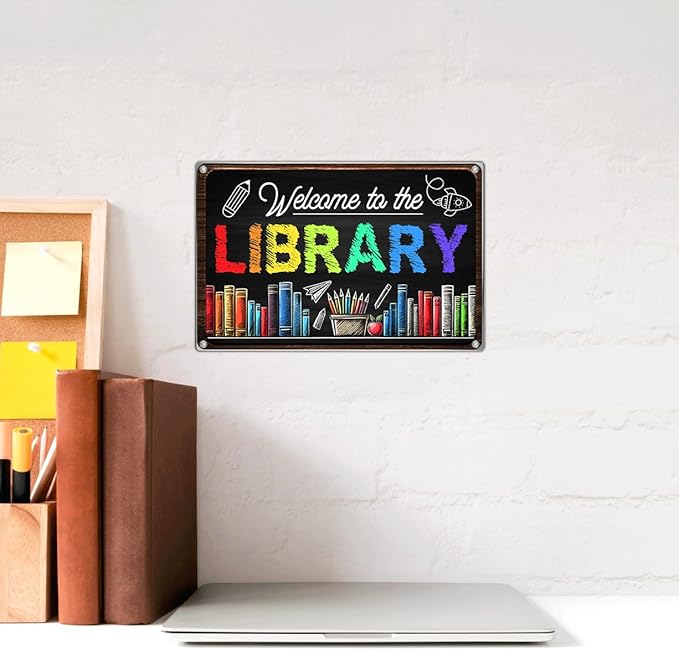 Welcome To The Library Sign 12 x 8 Inch Metal Wall Decor Chalkboard Style Colorful Book Lover Reading Corner Classroom Teacher Student School Decoration Art Home Outdoor
